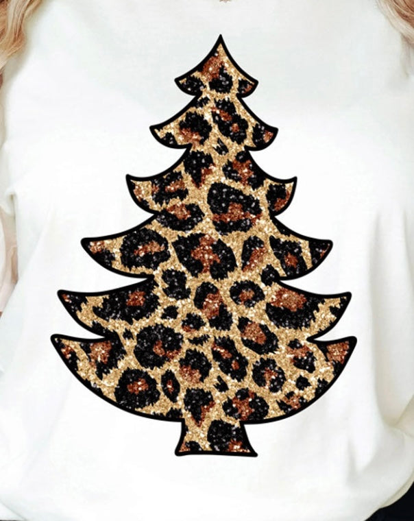 Leopard Print Faux Sequin Christmas Tree T-Shirt